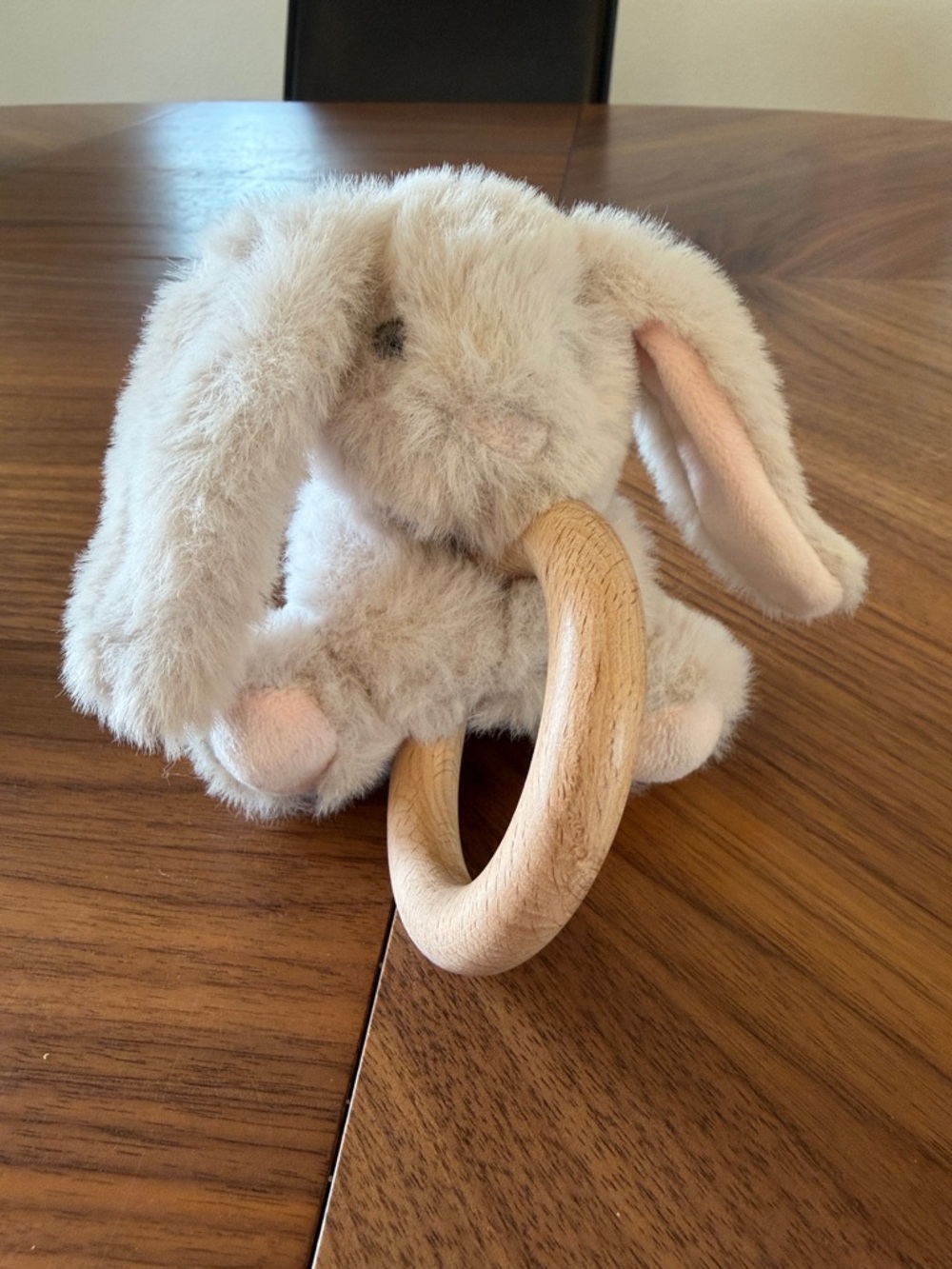 Elegant Baby Plush Bunny Teething Ring - Soft Cream Bunny with Wooden Ring